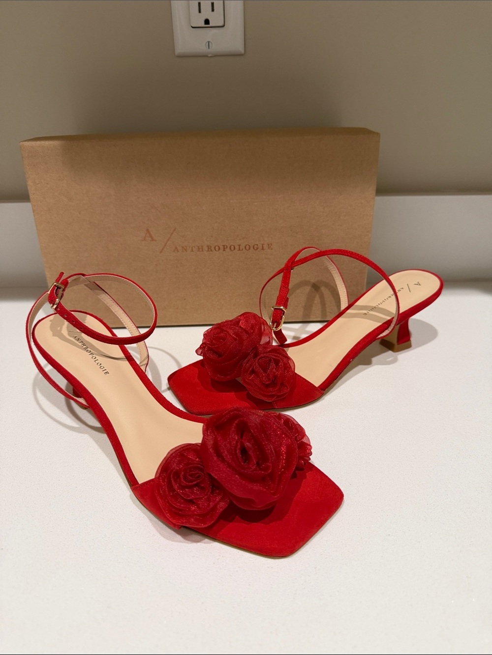 Anthropologie Scarlett Red Suede Heel sandals a 8 1/2